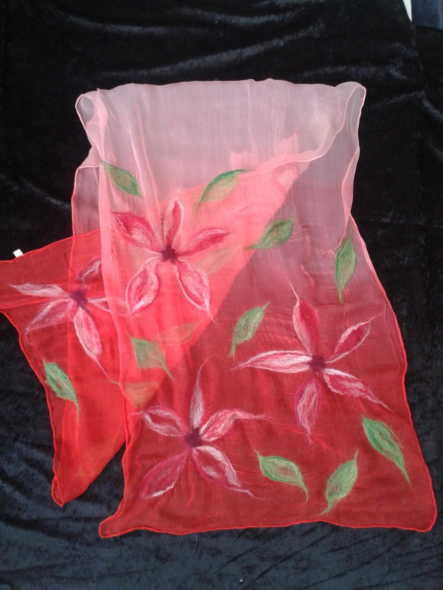 Silk chiffon scarf, nuno felted, red with flower detail