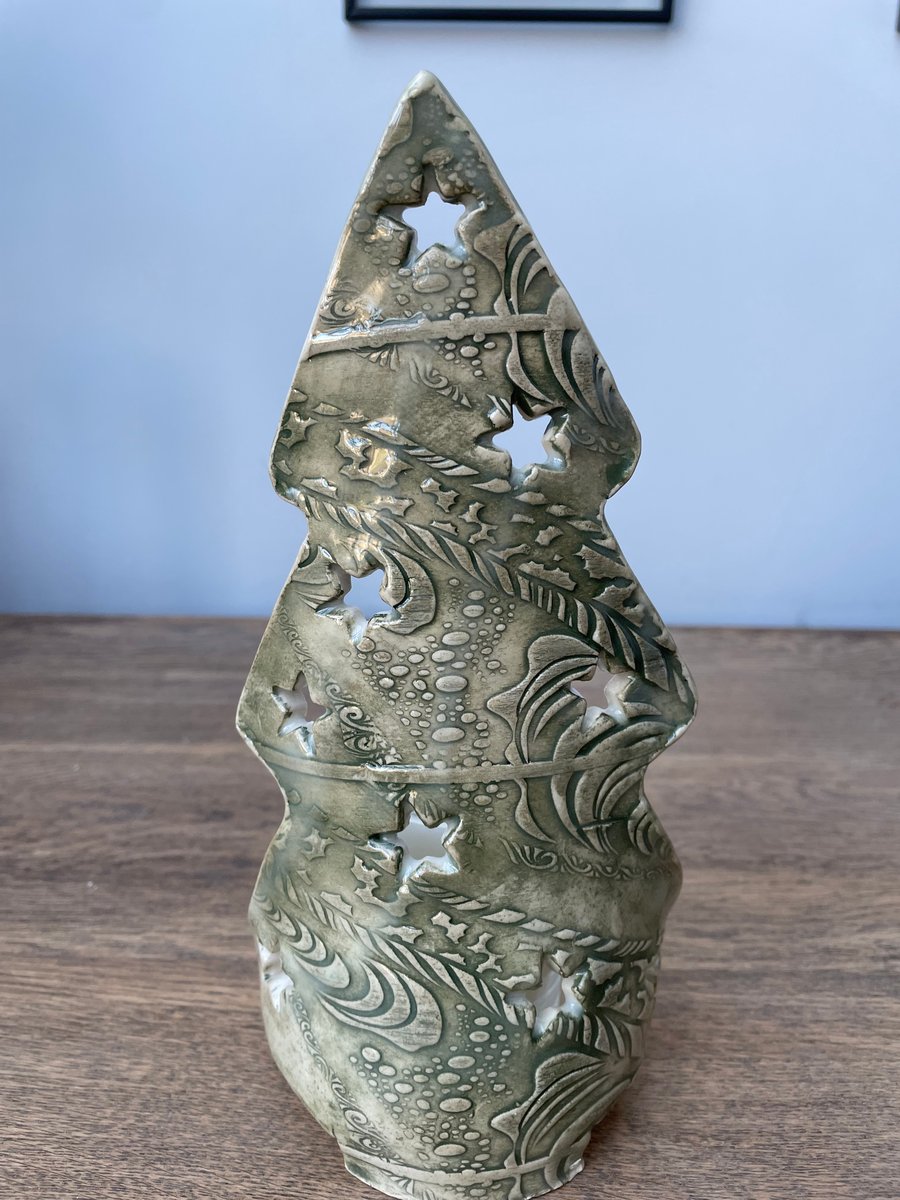 Handmade ceramic Christmas tree luminary for candle or LED candle green white