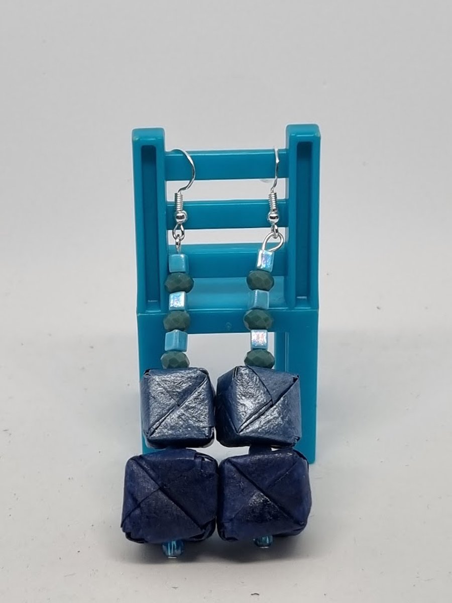 Origami earrings created with 2 types of blue paper