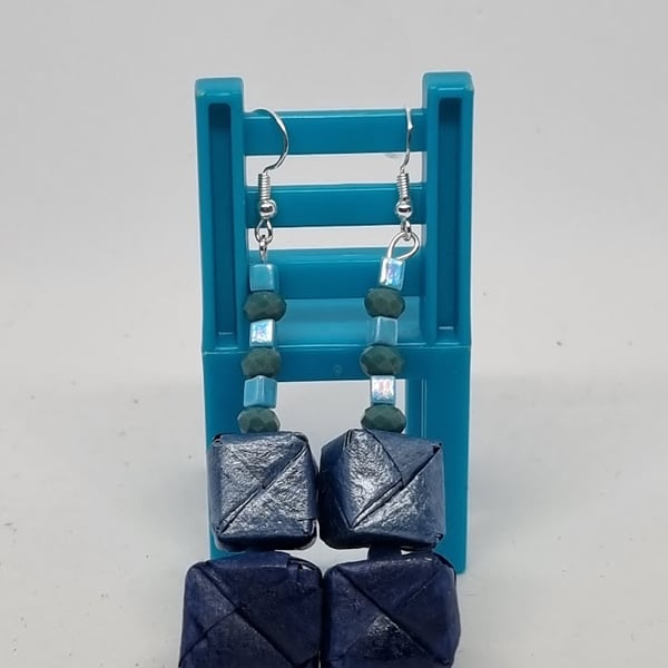 Origami earrings created with 2 types of blue paper
