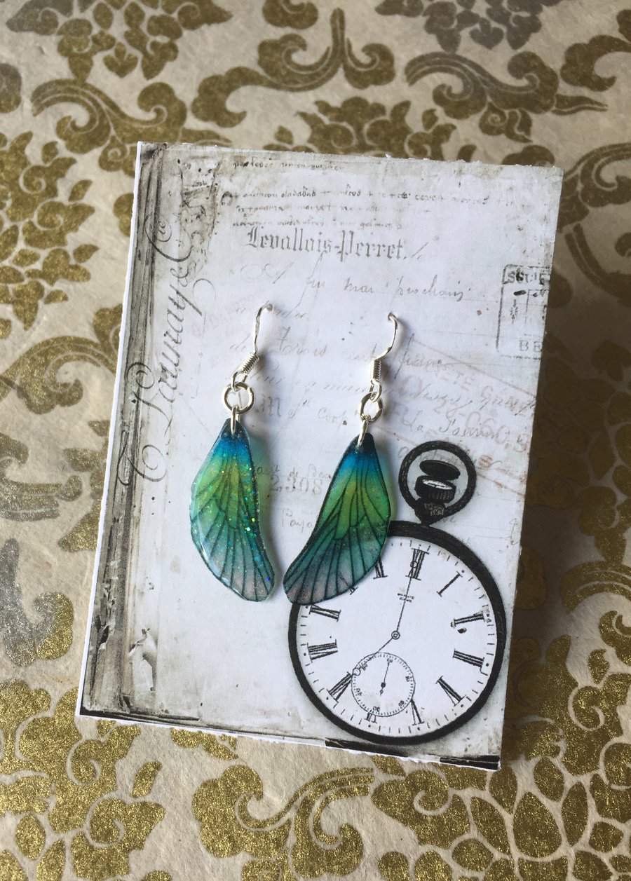 Dainty Blue and Green Shiny Glitter Sterling Silver Fairy Wing Earrings