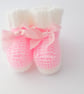 Baby girl soft booties with satin bows white and pink, premature to 3 months 
