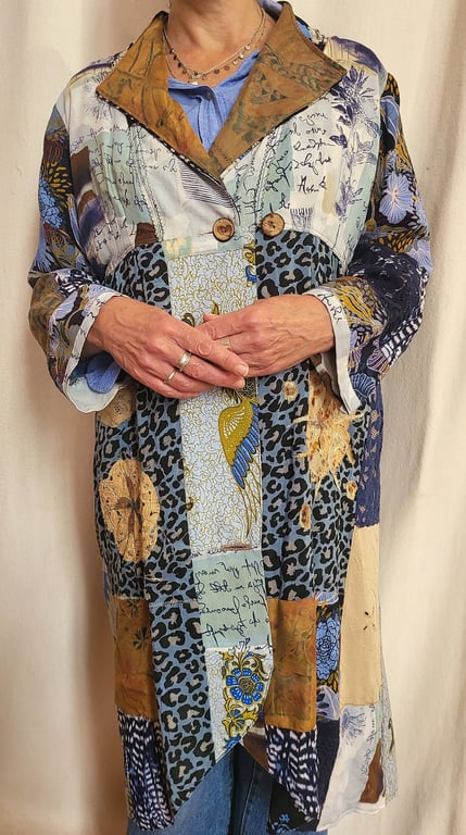 Tasmanian Blues Robe Dress in blue patchworks and applique