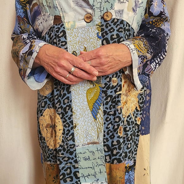 Tasmanian Blues Robe Dress in blue patchworks and applique