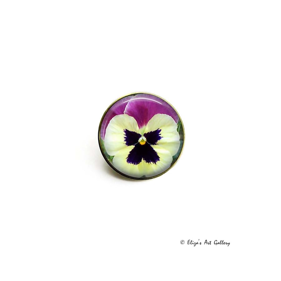 Gold Tone Pansy Flower Photo Cabochon Brooch
