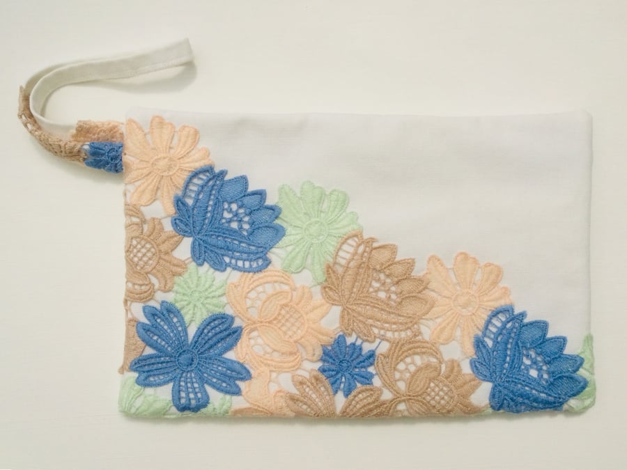 Large off white zipped clutch, wristlet bag, lace flowers, special occasion 