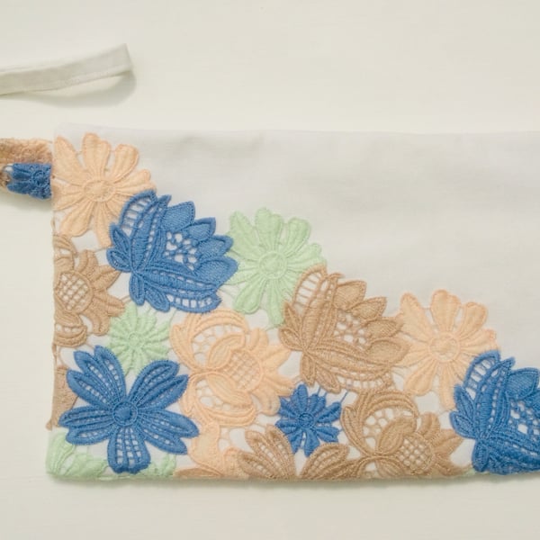 Large off white zipped clutch, wristlet bag, lace flowers, special occasion 