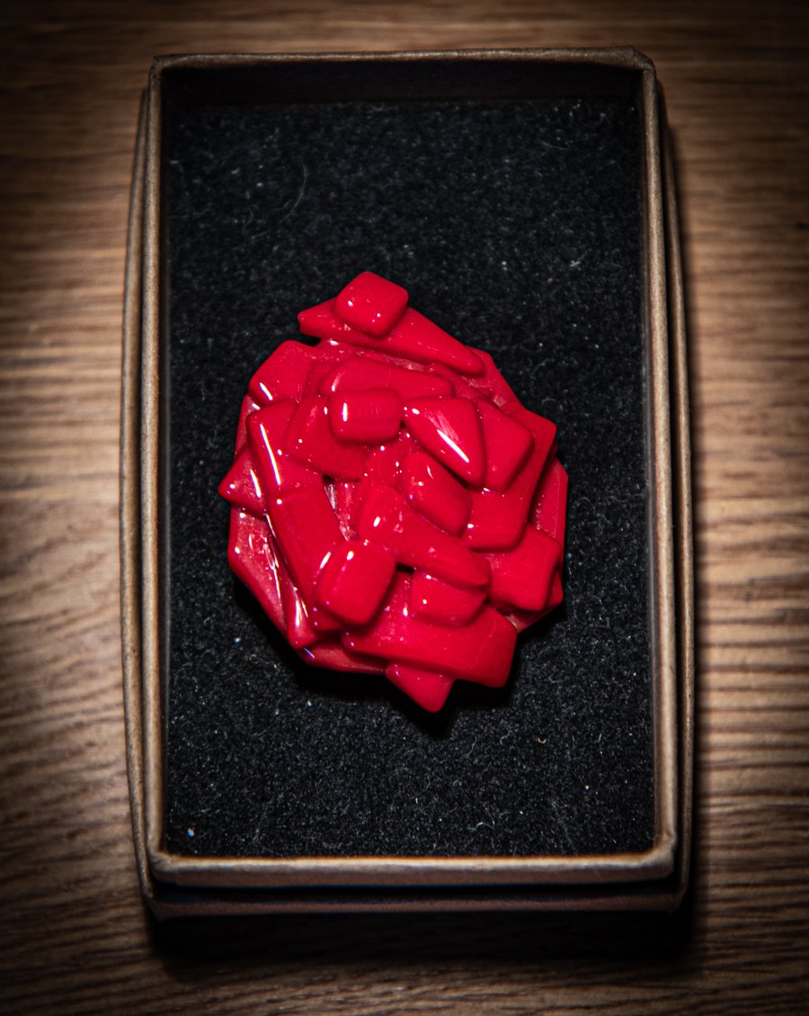 Unusual fused glass brooch in red