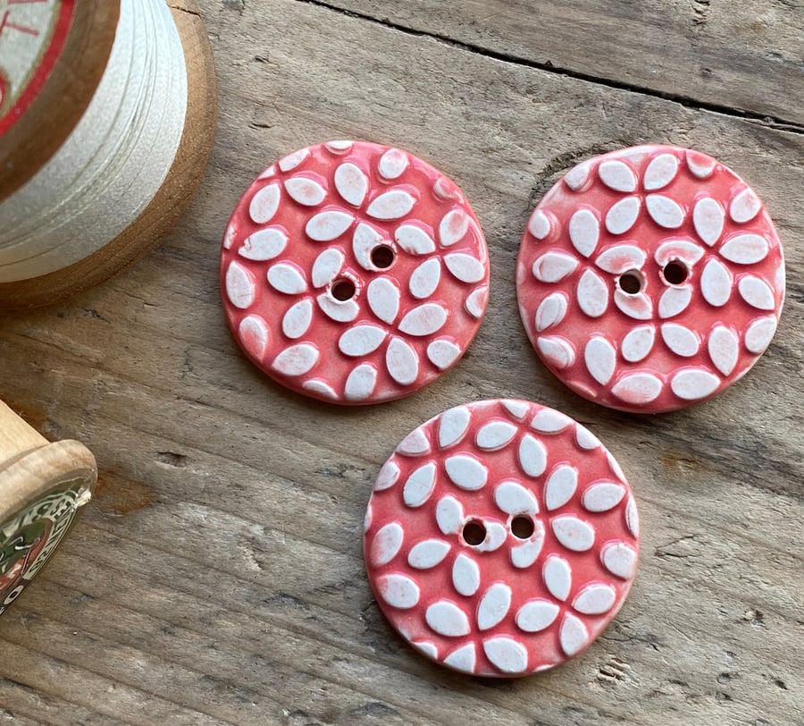 Handmade set of 3 Round Ceramic Floral Buttons