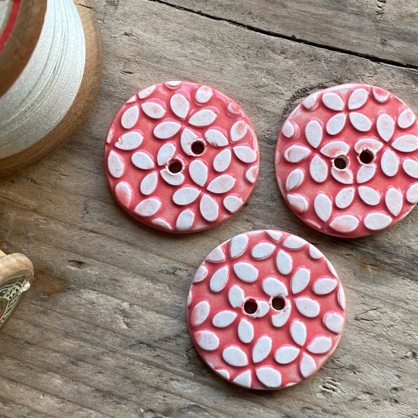 Handmade set of 3 Round Ceramic Floral Buttons