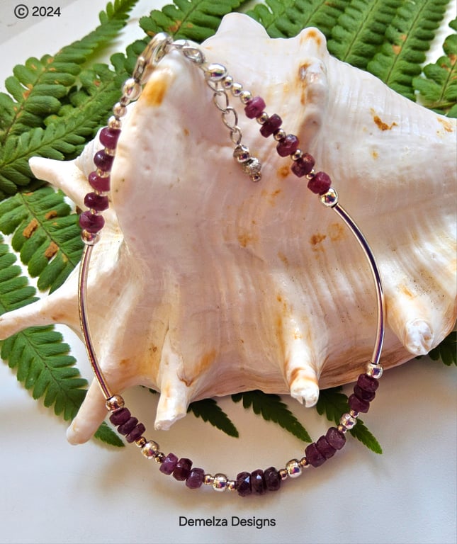 Designer Dainty African Ruby Sterling Silver Bangle-Bracelet 