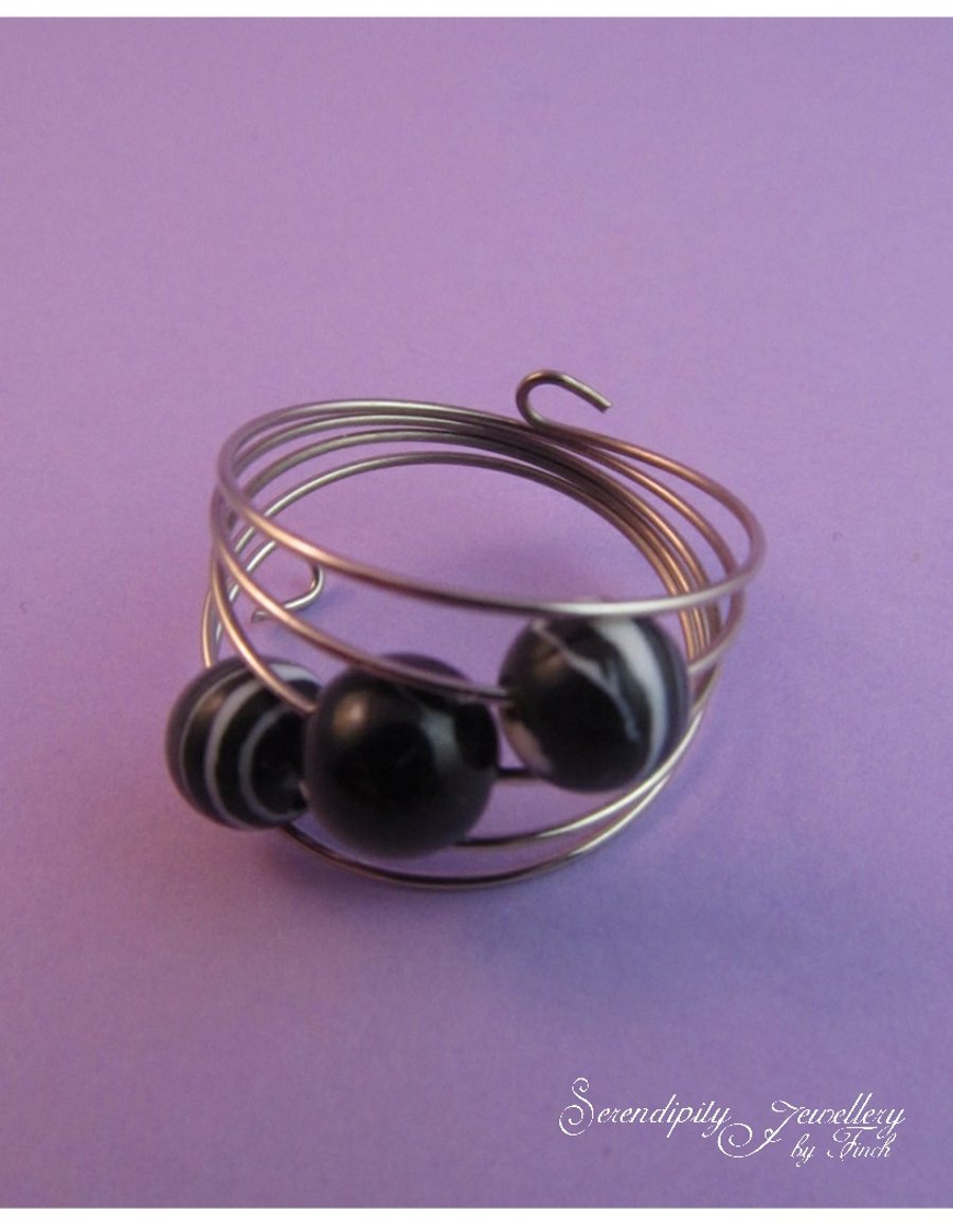 Black Striped Agate Silver Memory Wire Ring, Black Ring, Agate Ring, Wire Ring