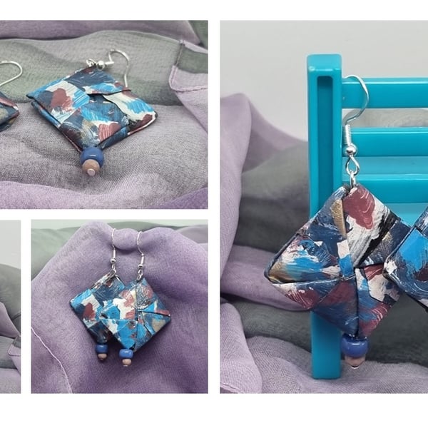  Origami earrings made from hand-designed blue abstract paper 8 