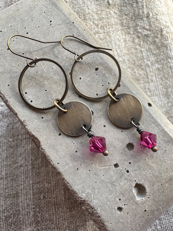 Vintage Dangle Earrings with Pink Crystals Handmade Jewellery