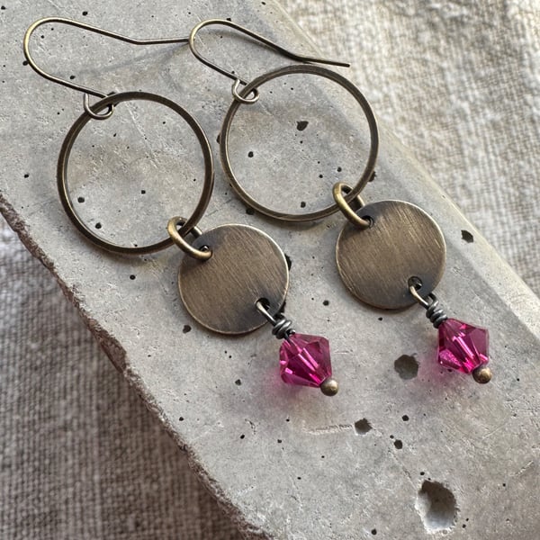 Vintage Dangle Earrings with Pink Crystals Handmade Jewellery