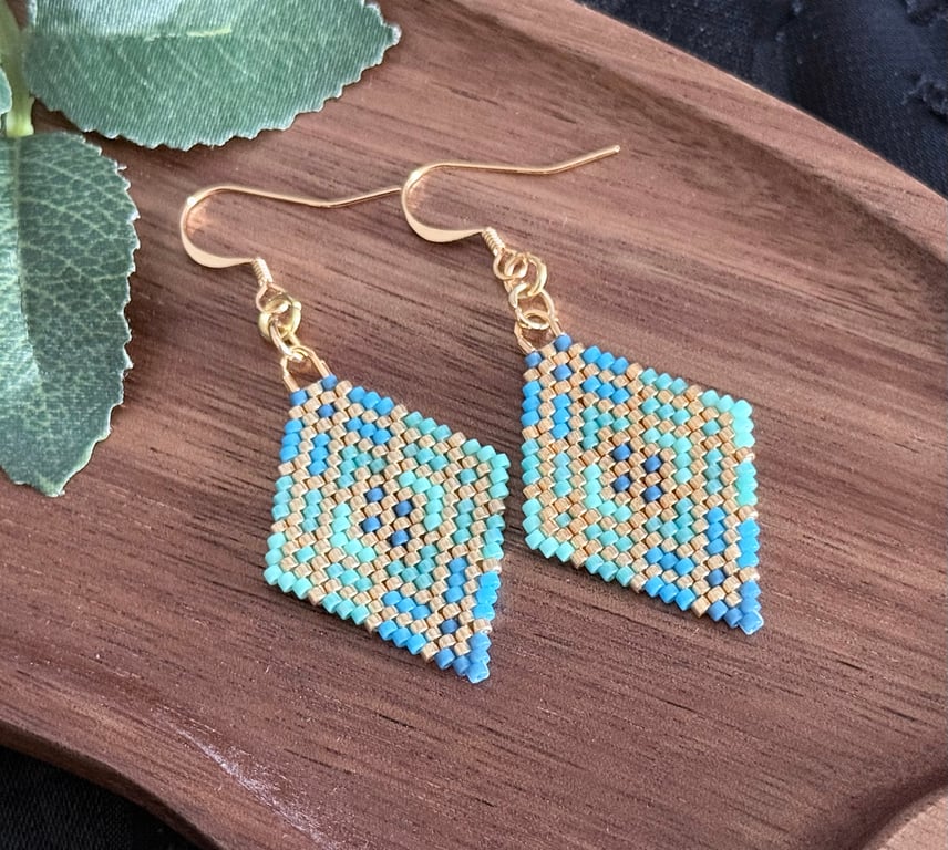 Blue and Gold Geometric Miyuki Beadwork Earrings