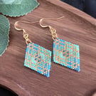 Blue and Gold Geometric Miyuki Beadwork Earrings