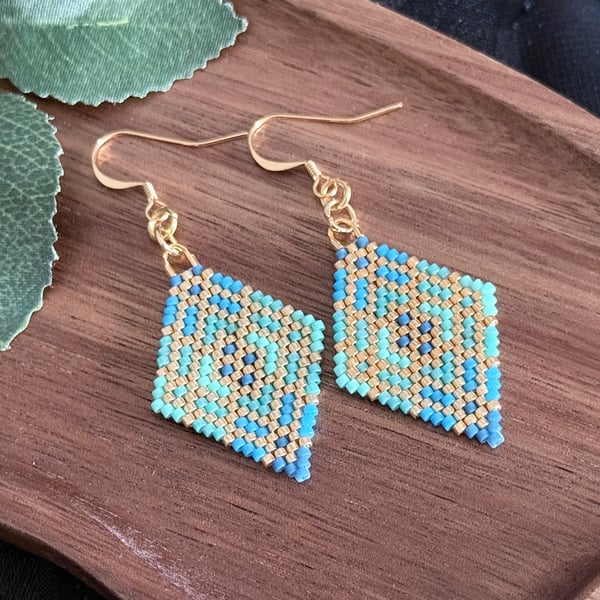 Blue and Gold Geometric Miyuki Beadwork Earrings