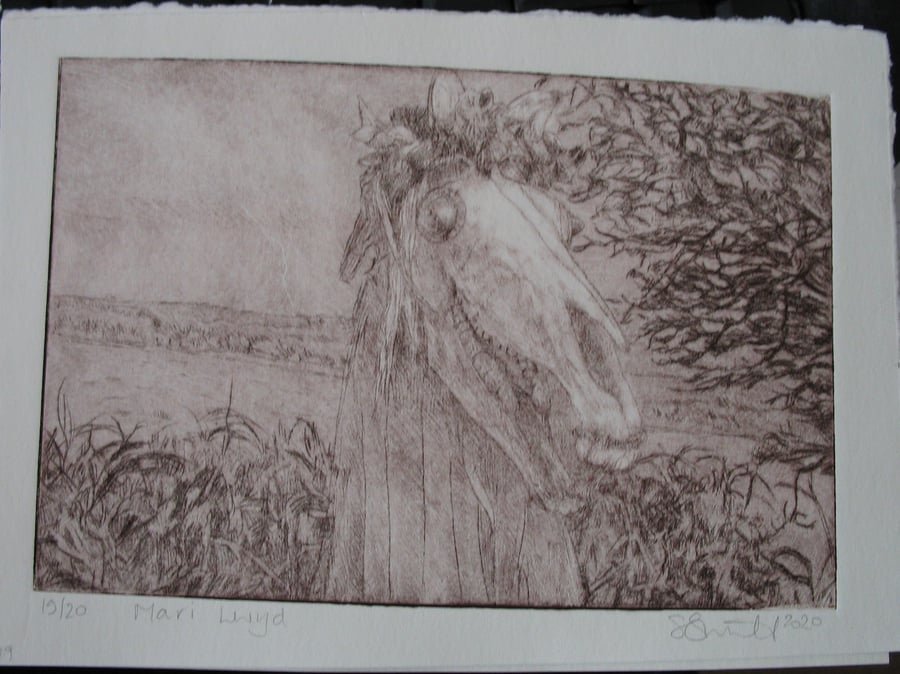 Mari Lwyd landscape drypoint etching - sepia variation