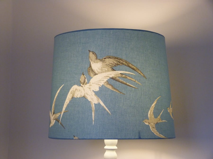 Lampshade for standard lamp. Sanderson 'Swallows' in blue Wedgwood