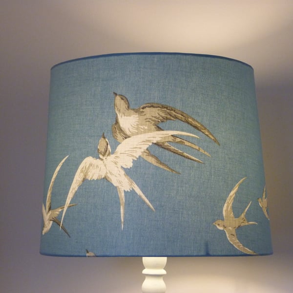 Lampshade for standard lamp. Sanderson 'Swallows' in blue Wedgwood