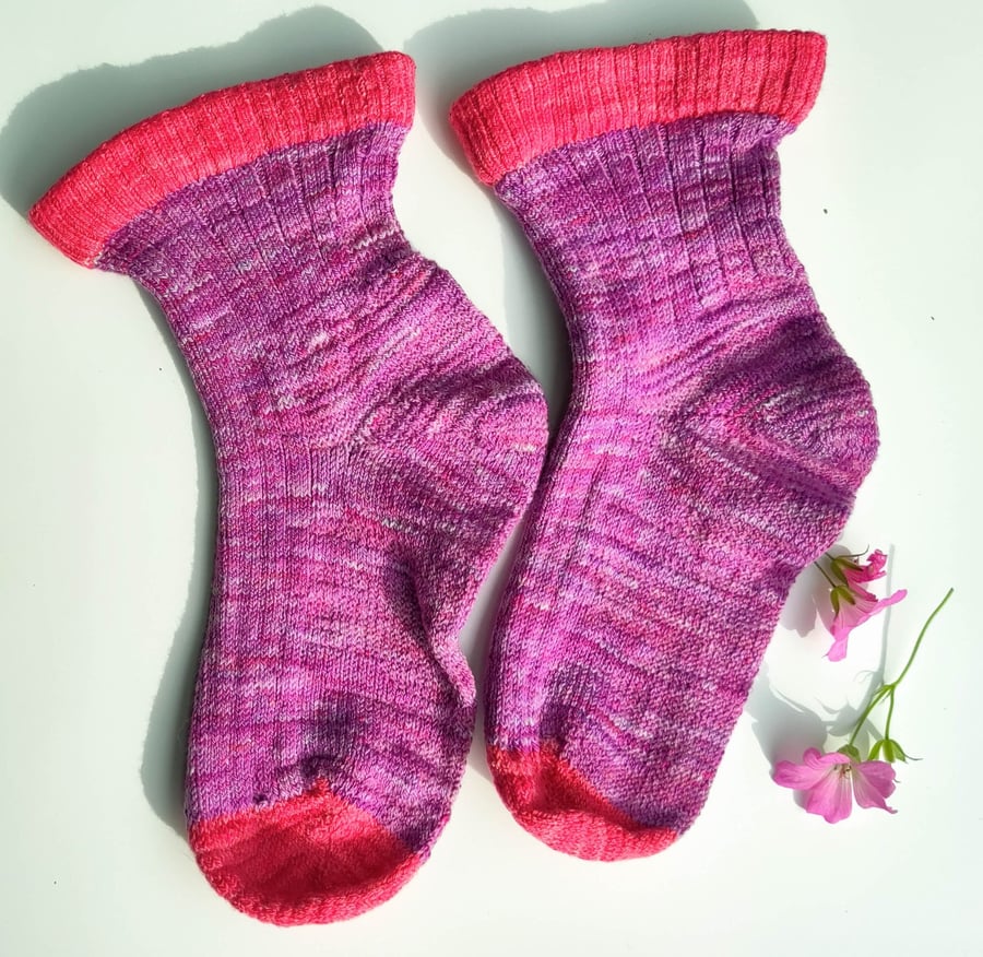 Luxury vegan hand-cranked pima cotton socks in fruity pink and lilac