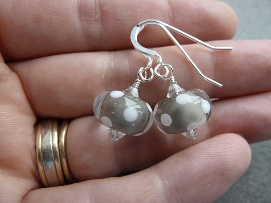 sterling silver earrings, grey polka dots