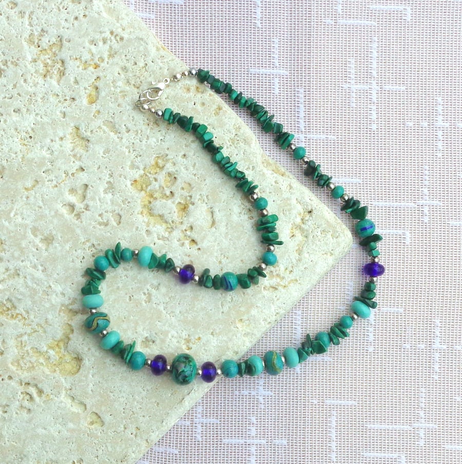 Necklace of malachite chips, sterling silver & beautiful lampwork glass beads