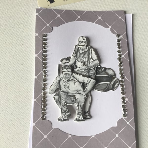 Golf decoupage card. Handmade card, card for him. Ref 320