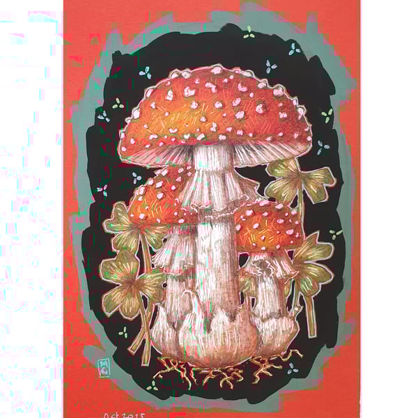 Fly Agaric Mushroom Illustration, small original drawing, wall art