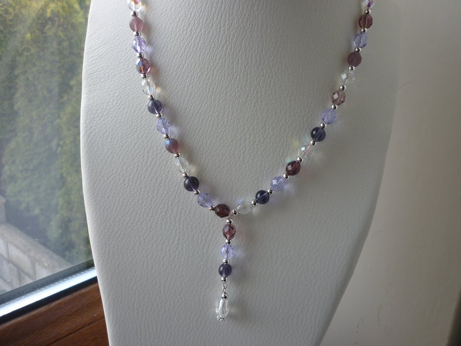 PURPLE, PINKS, LILAC, AB CRYSTAL AND SILVER NECKLACE.  1102