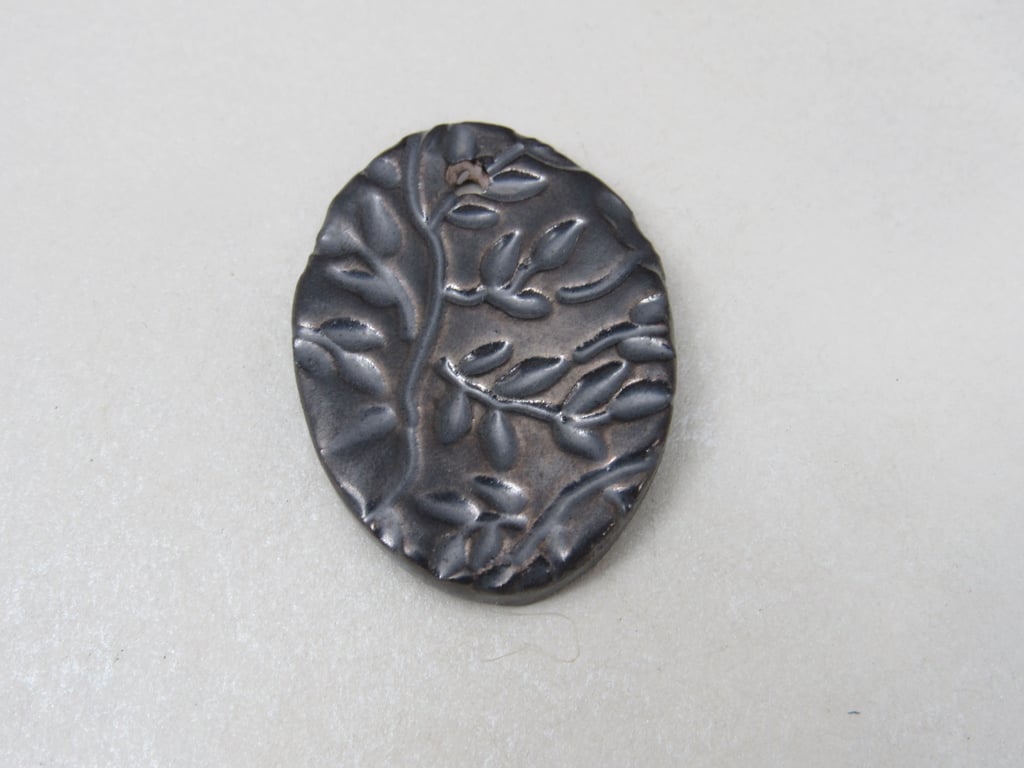 Large Metallic Pewter Leaf Sprig Ceramic Pendant