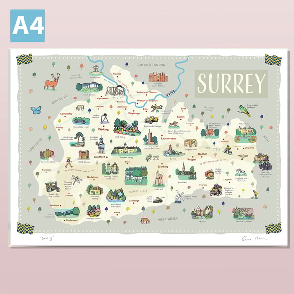 Surrey map poster A4, illustrated by Fiona Horan, Woking, Dorking, Guildford