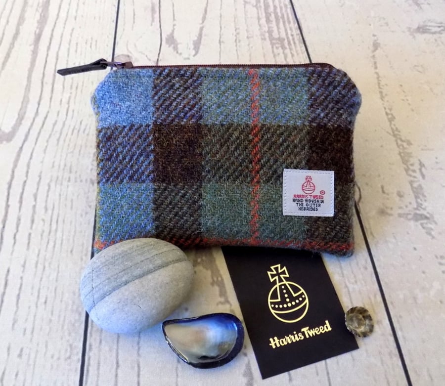 Harris Tweed large coin purse.  Macleod tartan weave in blue, brown and green