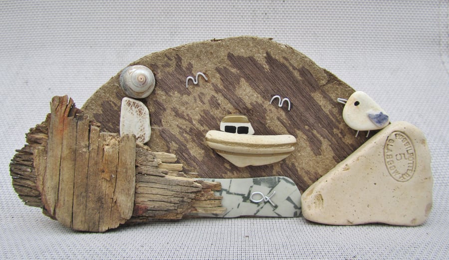 Seagull, Boat & Lighthouse Driftwood Ornament. Scottish Pebble Beach Pottery Art