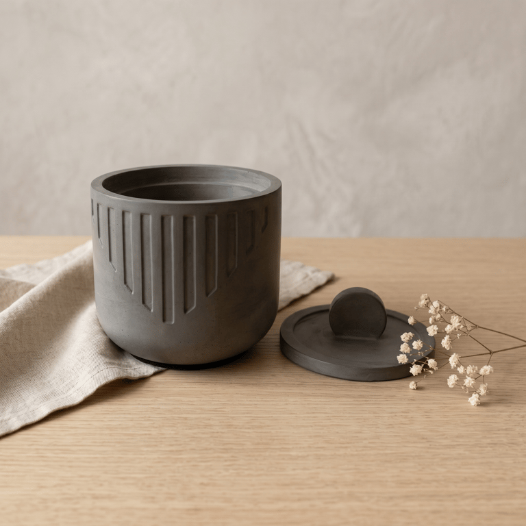 Grey Jewellery Box with Lid – Handmade Round Trinket Pot with Line Detail