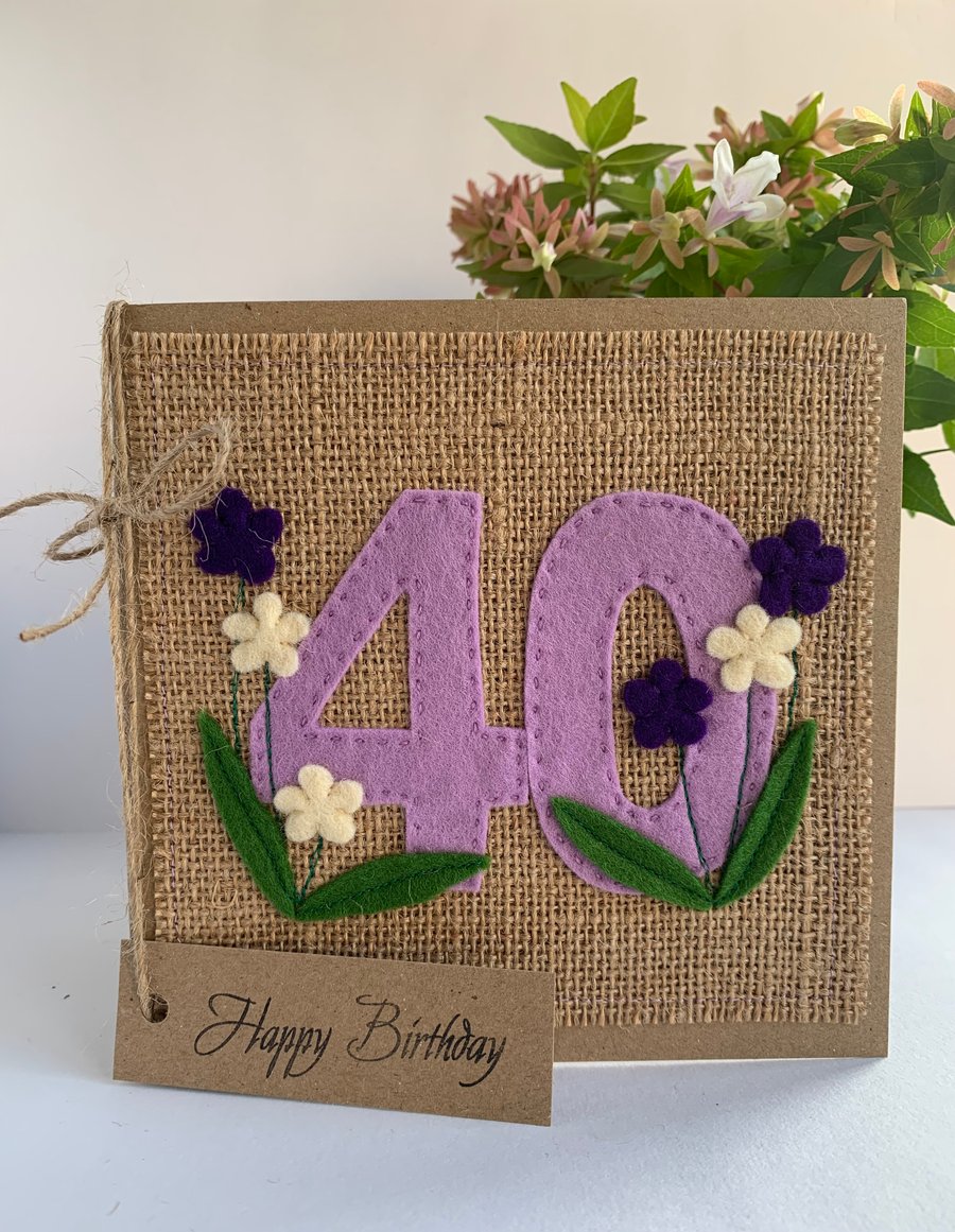 40th Handmade Birthday Card from felt. Keepsake Card. Textile card.
