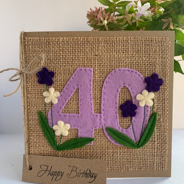 40th Handmade Birthday Card from felt. Keepsake Card. Textile card.