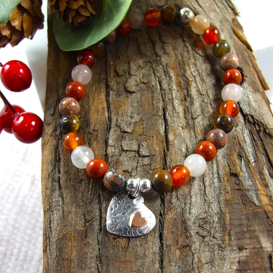 Gemstone Bracelet in Autumn Shades with Handmade Sterling Silver Heart Charm