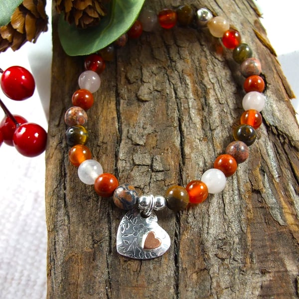 Gemstone Bracelet in Autumn Shades with Handmade Sterling Silver Heart Charm