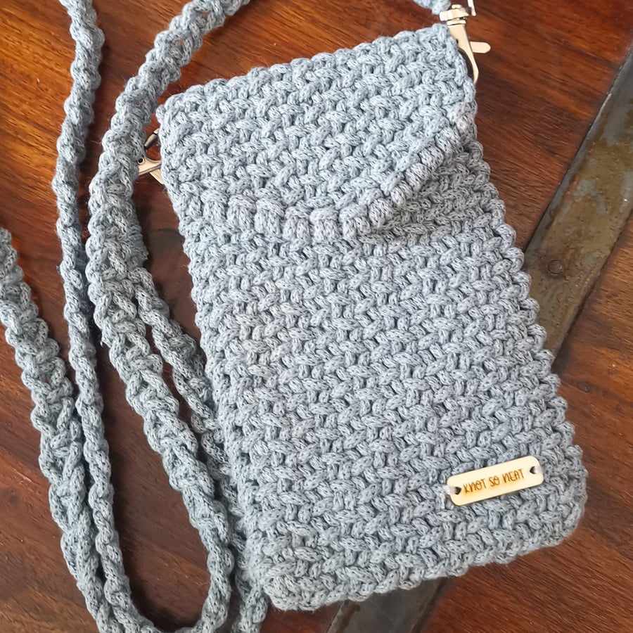 Macrame crossbody phone bag, sunglasses case, removable strap - dark grey