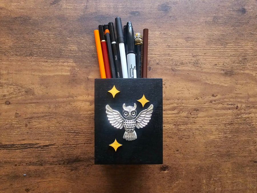 Mystical Silver Owl and stars handcrafted wooden pen, brush holder, pot 