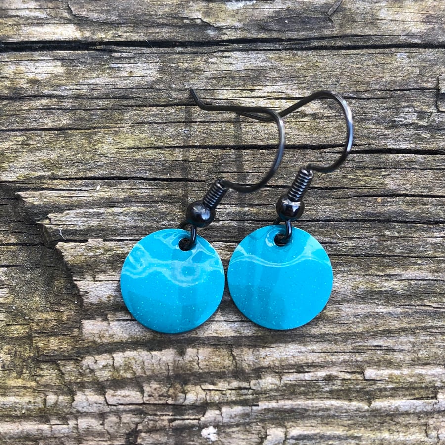 Turquoise enamel drop earrings. Sterling Silver upgrade available. 