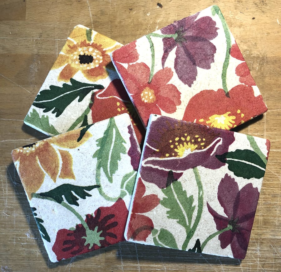 Set of Four Emma Bridgewater Style Cosmos And Poppies Natural Stone Coaster