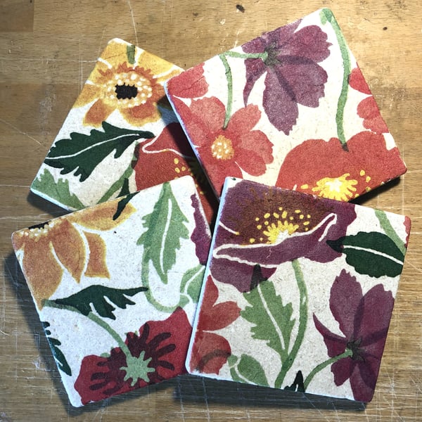Set of Four Emma Bridgewater Style Cosmos And Poppies Natural Stone Coaster