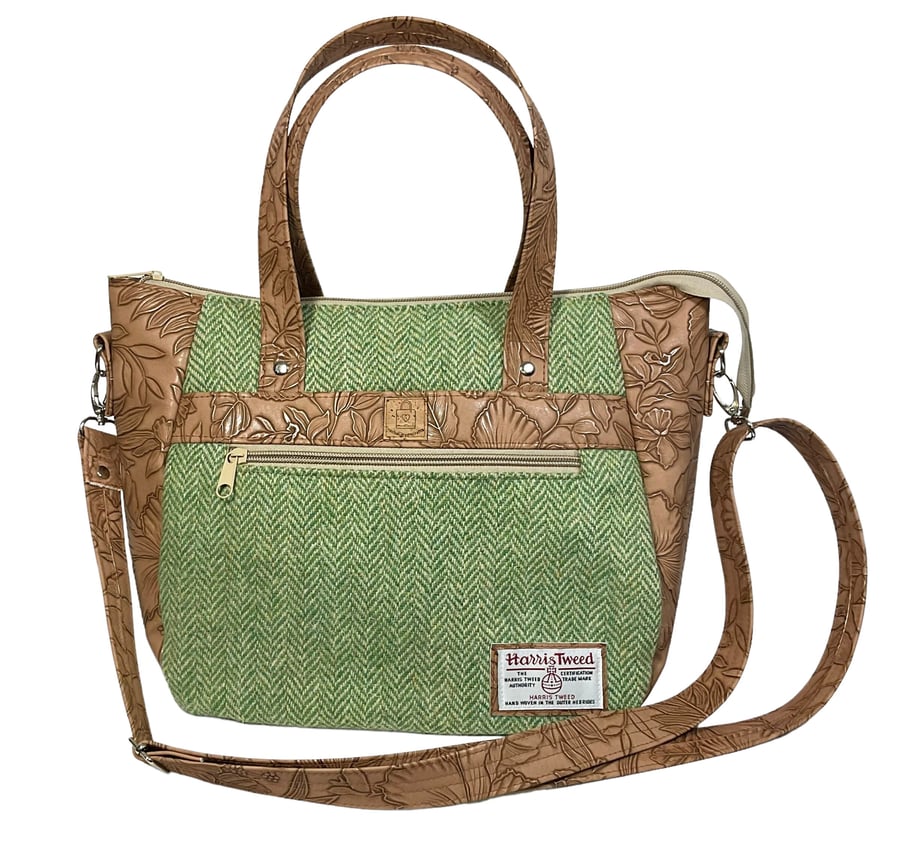 Crossbody Handbag made with Harris Tweed and caramel floral faux leather 