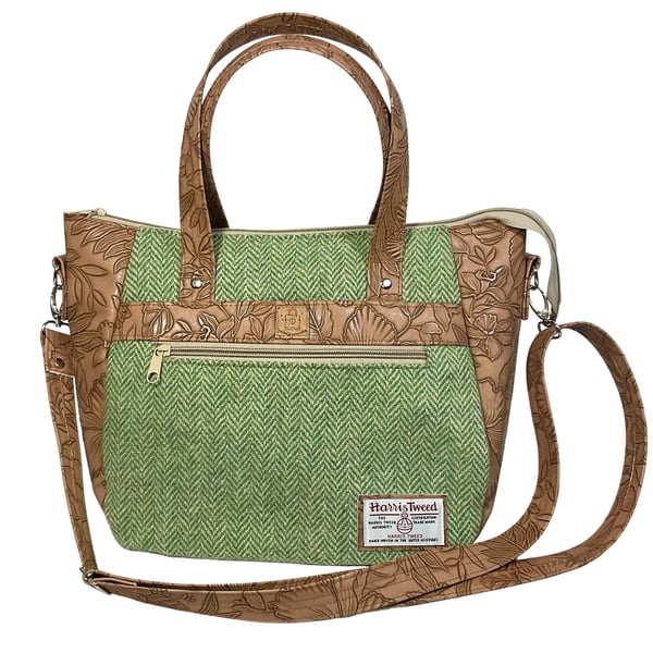 Crossbody Handbag made with Harris Tweed and caramel floral faux leather 