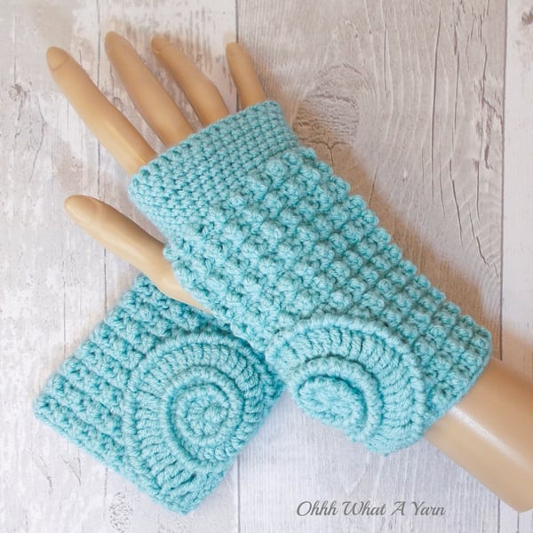 Duck egg blue ammonite ladies crochet gloves, finger less gloves.  