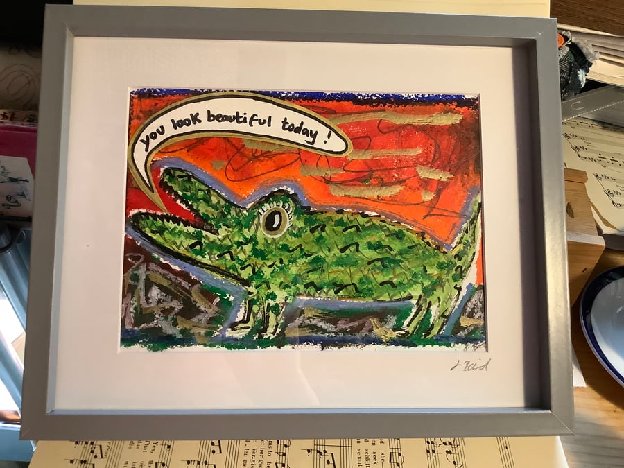 Original painting. Crocodile. You look beautiful. Motivational art. Framed. 