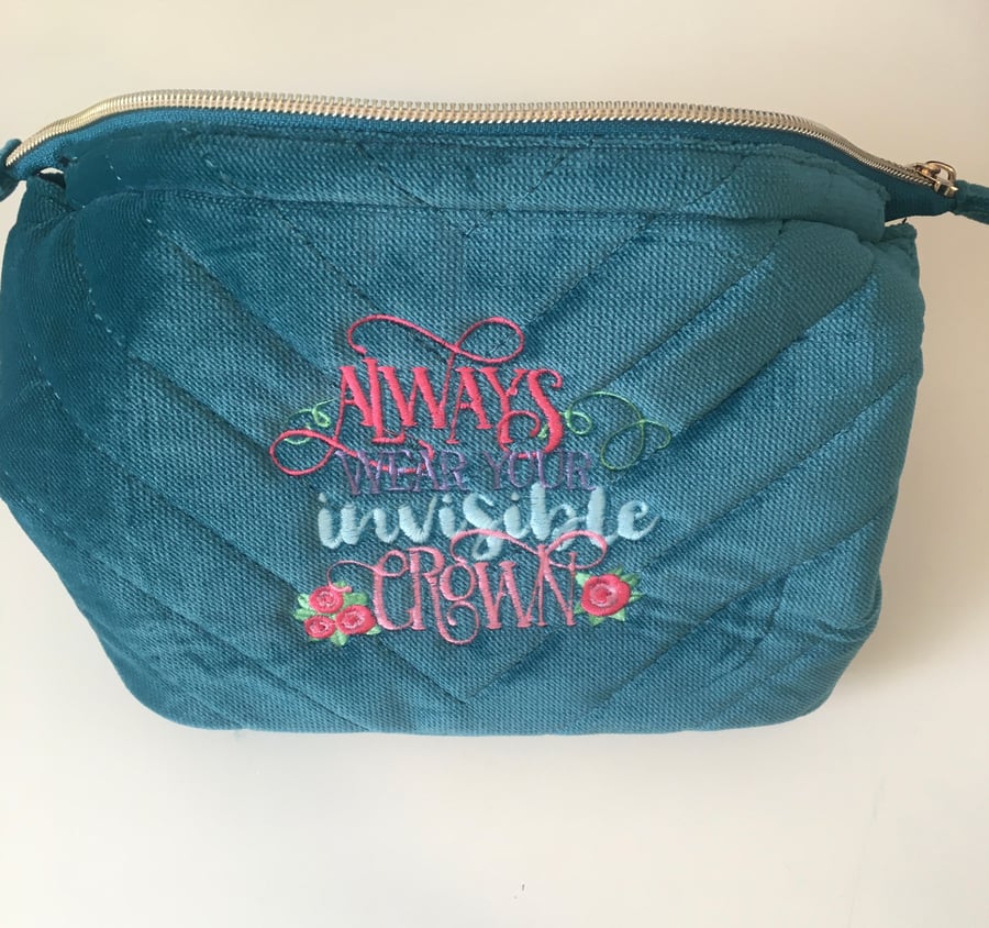 Teal embroidered make up toiletries bag Always wear your invisible crown 